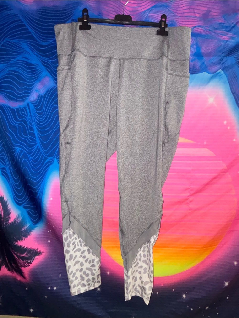 Gray Active Leggings with Leopard Hem